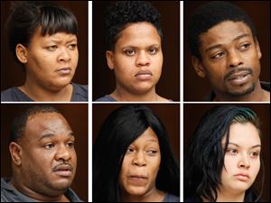 Top row, from left, Markella Lawrence, Angel Bowman, Anthony Mitchell, bottom row, from left, Antoine Pernell, Myesha Newton, and Sonia Nieto have all face multiple charges following a disturbance during sentencing of Anthony Mitchell, 16, not pictured, at the Lucas County Courthouse.
