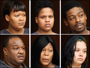 Top row, from left, Markella Lawrence, Angel Bowman, Anthony Mitchell, bottom row, from left, Antoine Pernell, Myesha Newton, and Sonia Nieto have all face multiple charges.