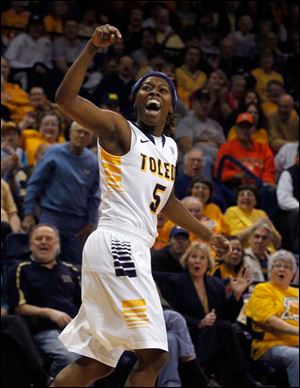 Toledo's Janelle Reed-Lewis reacts to scoring during the game Saturday against SIU-Edwardsville at Savage Arena.