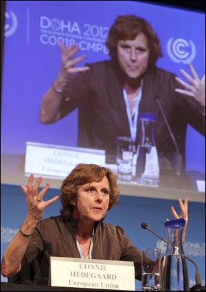 EU commissioner for Climate Action Connie Hedegaard speaks during a press conference in Doha, Qatar.