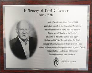 A plaque in honor of Frank Venner, a 1944 graduate of Central Catholic High School, that is placed on a wall in Central Catholic's digital media production center.