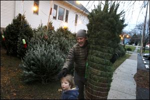 Scott McIntyre pats his son Lake, 2, on the head while the pair get ready to walk their new Christmas tree home Tuesday.