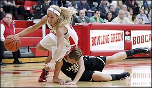 Bowling Green's top scorer Hanna Williford drives past Perrysburg's Allex Brown Friday. Williford scored a game-high 16 points while Brown chipped in 10 for the visiting Yellow Jackets.