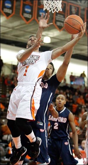 Bowling Green State University guard Jordon Crawford goes to the rim.
