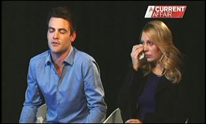 Australian radio DJs Michael Christian, left, and Mel Greig appear during a TV interview.