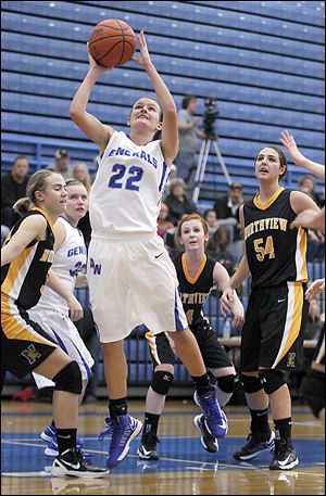 Anthony Wayne's Raechel McKay, left, and Sara Zankl, right, scramble for a loose ball with Northview's Stephanie Duwve.