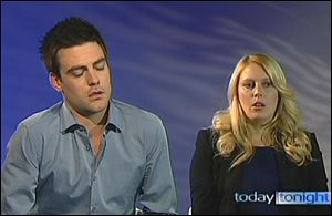 Australian radio DJs Michael Christian, left, and Mel Greig appear during a TV interview.