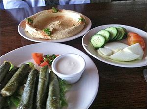 Hummus, top, and vegetables, and left, meat grape leaves served with home-made yogurt sauce.