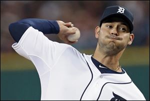 Detroit Tigers' Anibal Sanchez throws during the first inning of Game 3 of baseball's World Series against the San Francisco Giants in Detroit.