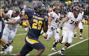 Toledo safety Jermaine Robinson returns an interception for a TD against Central Michigan. Robinson said the Rockets are mentally prepared to play Utah State.