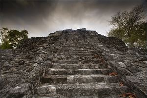 Looking up a temple pyramid at the Mayan ruins at Chacchoben, Mexico.