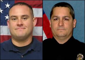 Officer Jeff Atherly, left, 29, and Cpl. David Gogian, 50, were fatally shot outside a Topeka grocery store Sunday while responding to a report of a suspicious vehicle, authorities said. 