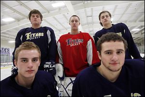 St. John's is the preseason favorite to win the Northwest Hockey Conference Red Division with (front, from left) Collin Suter, Austin Kelly, and (back) Ryan Rapp, Mike Barrett and Ian Rapp. The Titans are off to a 6-0-0 start in the league this season.