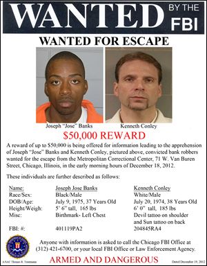 This image provided by the FBI shows the wanted poster for Jose Banks, left, and, Kenneth Conley, two inmates who escaped from the Metropolitan Correctional Center in downtown Chicago.