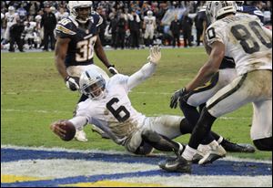 Oakland Raiders quarterback Terrelle Pryor crosses the goal line to score a touchdown against the Chargers during the second half Sunday in San Diego. Pryor threw two touchdown passes and ran for another in his first NFL start, a 24-21 loss.