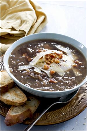 Italian-style onion soup topped with a poached egg.
