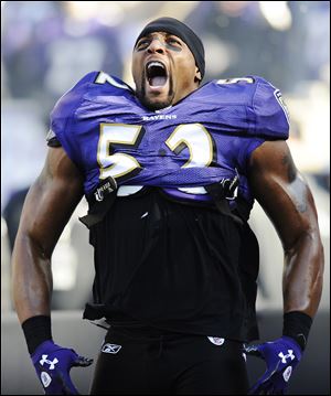 Baltimore Ravens inside linebacker Ray Lewis reacts to his introduction before an NFL divisional playoff football game against Houston Texans.