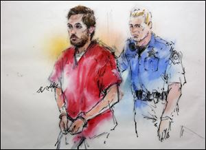 This courtroom sketch shows James Holmes being escorted by a deputy as he arrives at preliminary hearing in district court in Centennial, Colo., on Monday.