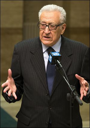 The UN Joint Special Representative for Syria, Lakhdar Brahimi, briefs the media after a meeting with Russian deputy foreign minister Mikhail Bogdanov and U.S. Deputy Secretary of State William Burns today in Geneva.