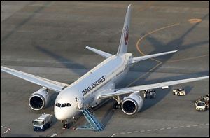 A Japan Airlines 787, from which fuel spilled at Boston's Logan International Airport last Tuesday, sits on the tarmac at Narita Airport in Narita, east of Tokyo, on Sunday. Japan Airlines reported a 100-liter fuel leak in a 787 during an inspection Sunday. The aircraft reportedly was the same one that had a fuel leak in Boston last week.