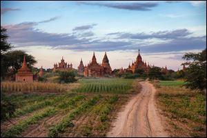 The sun sets over some of the pagodas in Bagan, Myanmar.