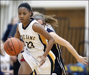 Notre Dame's Christiana Jefferson heads down court after a steal during play against Whitmer on Thursday night. The Eagles beat the Panthers 43-33, in part because a series of missed opportunities by Whitmer.