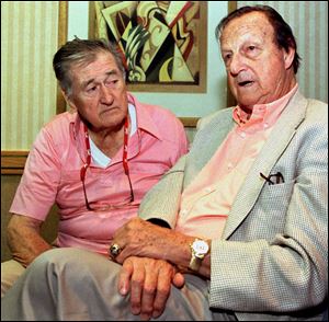 Baseball Hall of Famers Stan Musial, right, and Ted Williams talk during the closing moments of the National Baseball Hall of Fame Veterans Committee meeting in this 1998 file photo.