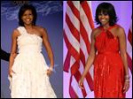  This combo image shows first lady Michelle Obama as she arrives at the Inaugural Ball in Washington on Jan. 21, 2009, left, and Jan. 21, 2013, right. 