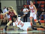  Miami's Hannah Robertson regains possession of the ball after Bowling Green's Alexis Rogers misses on a steal attempt.