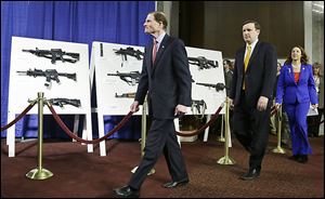 Sen. Richard Blumenthal, left, Sen. Chris Murphy, and Rep. Elizabeth Esty, all of Connecticut, arrive at the news conference on Capitol Hill.