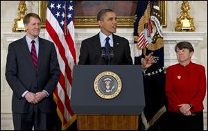 President Obama announces in the State Dining Room of the White House in Washington that he will nominate Mary Joe White, right, to lead the Security and Exchange Commission, and re-nominate Richard Cordray, left, to lead the Consumer Financial Protection Bureau.