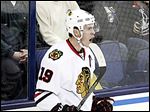  The Blackhawks' Jonathan Toews celebrates what would be the game-winning goal against Columbus in the third period.
