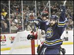  Toledo's Cody Lampl celebrates after scoring a goal to put the Walleye ahead during the first period. His goal helped Toledo to a 5-1 victory over Bakersfield.