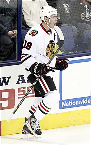 The Blackhawks' Jonathan Toews celebrates what would be the game-winning goal against Columbus in the third period.
