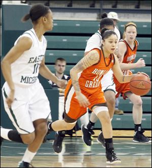 Katrina Salinas heads downcourt. Bowling Green built a double-digit lead on Eastern Michigan and never relented control.