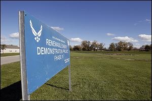 A sign marks a proposed site of a wind turbine at the 200th Red Horse Squadron of the Air National Guard located at Camp Perry near Oak Harbor, Ohio.
