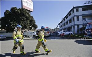 Investigators were trying to determine whether there was a drug lab inside, authorities said.  Three people were taken to a hospital to be treated for burns and one was in serious condition, said San Diego Fire-Rescue Department spokesman Maurice Luque.