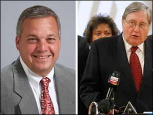 Richard Stansley, left, heads University of Toledo Innovation Enterprises, a nonprofit arm that invests in private businesses. UT President Lloyd Jacobs hired Mr. Stansley to run UTIE after he had spent more than a decade as a UT trustee.