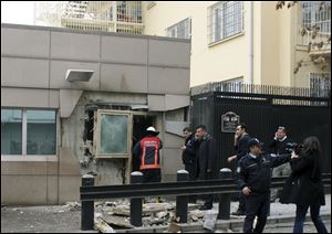 Gate 2 of the embassy just after a suicide bomber detonated an explosive device at the entrance of the U.S. Embassy in the Turkish capital, Ankara, Turkey today.