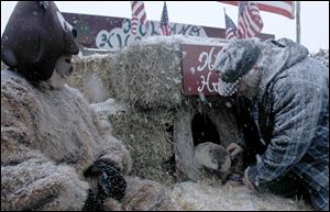Charlie Hoag pulls HuckyToo from his hole during the Holland Huckleberry Day celebration in Holland, Ohio. HuckyToo predicted six more weeks of winter.