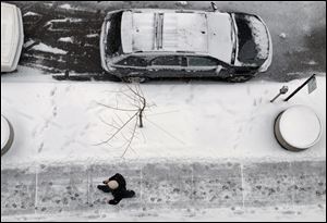 A man walks along a St. Clair Street sidewalk in downtown Toledo today shows some of the snow accumulation.