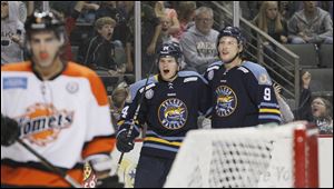 Doug Clarkson, No. 9, had four goals and four assists in 25 games for Toledo this season. 