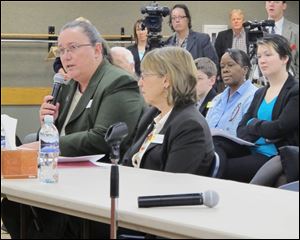 Rep. Sue Wallis, R-Recluse, speaks in favor of bills that would authorize gay marriage and same-sex domestic partnerships in Wyoming while the bills' sponsor, Rep. Cathy Connolly, D-Laramie, listens last month.