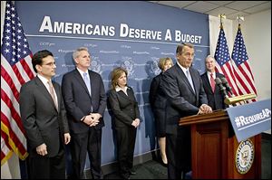 House Speaker John Boehner of Ohio, with other House GOP leaders, speaks during a news conference on Capitol Hill in Washington last week. He urged President Obama to offer ideas to replace the automatic budget cuts known as the sequester.