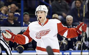 Detroit's Jakub Kindl celebrates after scoring during the first period against the St. Louis Blues. The Red Wings won 5-1.