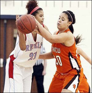 Bowsher's Tanae Gregory looks to pass around Southview's Morgan Ersig. 