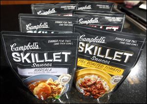 Campbell's new Skillet sauces are displayed at the Campbell Soup Company headquarters in Camden, N.J.