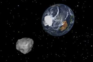 A simulation of asteroid 2012 DA14 approaching from the south as it passes through the Earth-moon system. The 150-foot object will pass within 17,000 miles of the Earth. 