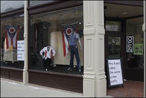 Nitza's, a clothing shop in Lima, Ohio, displays a sense of humor during the visit of Ohio Gov. John Kasich, who will give his State of the State address at the Veteran's Memorial Civic & Convention Center in Lima.