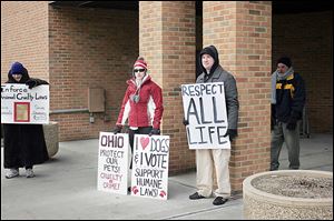 Stefanie Mabrey of Findlay holds two signs beside her brother Ben Jachimiak as they seek stronger animal cruelty laws. They were outside Findlay Municipal Court on Wednesday.